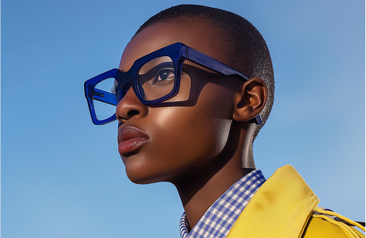 Retrato de campaña para Mestral con gafas de pasta azul sobre fondo de cielo