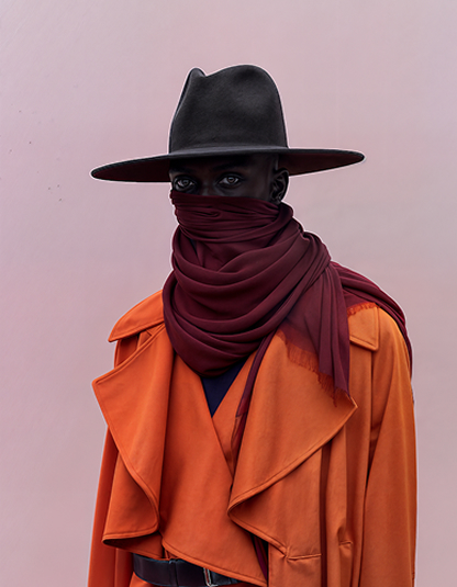 Figura con abrigo naranja y sombrero de ala ancha sobre fondo rosa